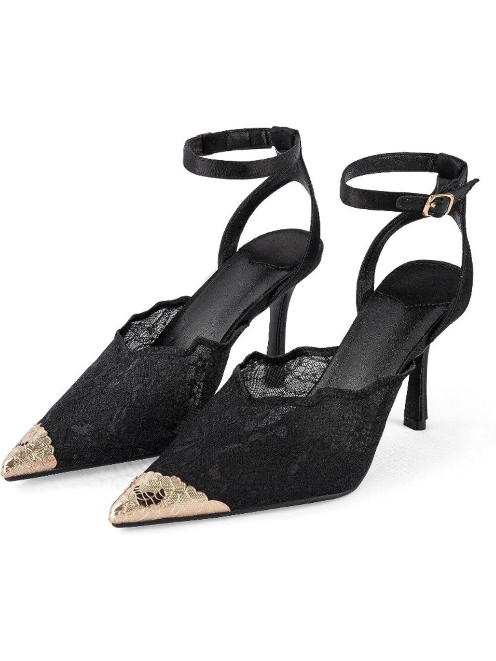 Women's Black Satin Metal Pointed Toe Mesh Ankle Strap Stiletto High Heels